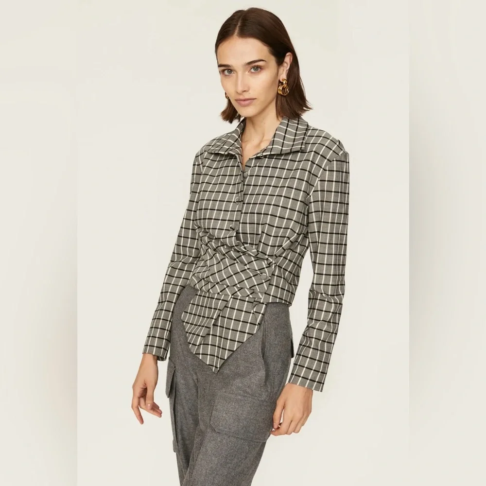 NWT $698 Tory Burch Plaid Asymmetric Wrap Shirt Blouse